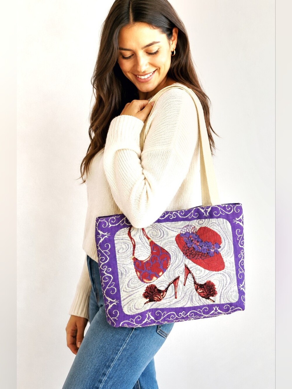 Cream & Purple Tapestry Style Tote Bag with Purse, Hat, Red Heels on Both Sides